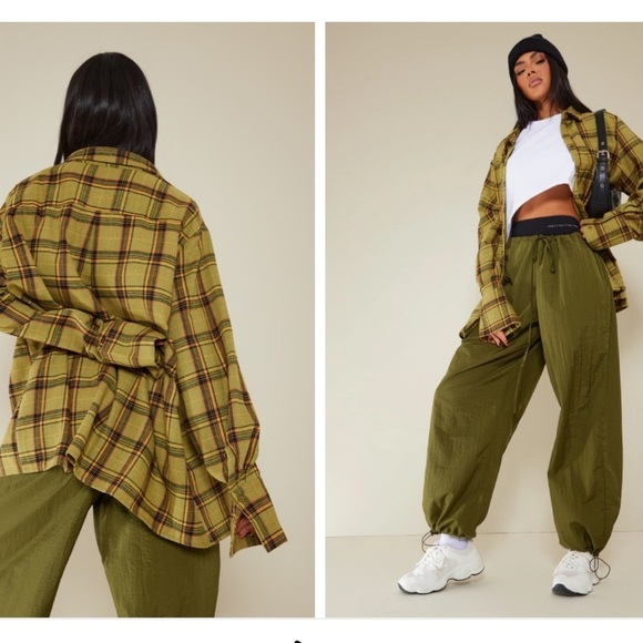 NEW Pretty Little Things Check Womens Oversized Cuff Shirt Size 4 Olive - Picture 3 of 3